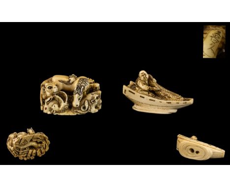 Ivory Netsuke of a group of horses with lions and rams and rabbits. Fully signed. Together with a fisherman in his boat with 
