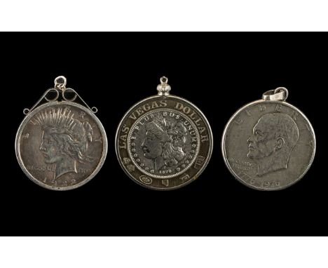Three Silver Dollars To Include A Las Vegas Dollar Dated 1878, 1922 Peace Dollar And A 1976 Liberty Dollar All In Mounts
