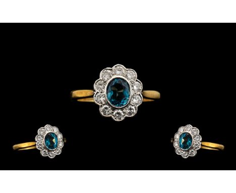 18ct Gold Diamond Cluster Ring Central Blue Zircon surrounded by 10 round modern brilliant cut diamonds. All Milgrain set.  E