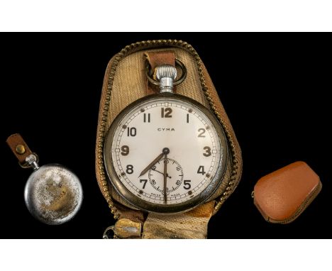 WW2 Cyma Military Pocket Watch White Enamelled Dial, Arabic Numerals With Subsidiary Seconds, White Metal 52mm Case Stamped W