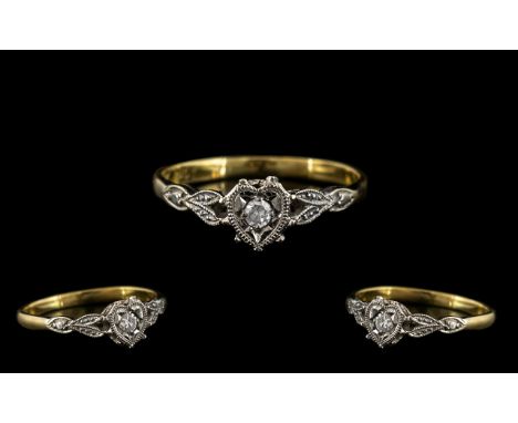 18ct Gold Diamond Ring Round Cut Diamond, Heart Shaped Illusion Setting, Stamped 18ct, Ring Size K, Weight 1.8 grams   