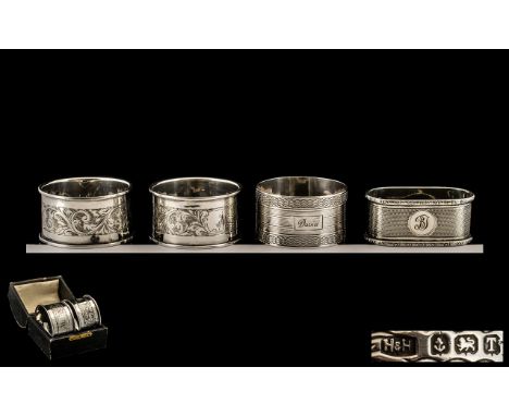 Pair Of Silver Napkin Rings Engraved Floral Decoration, Fully Hallmarked For Chester O 1914, Complete In Leather, Silk &amp; 
