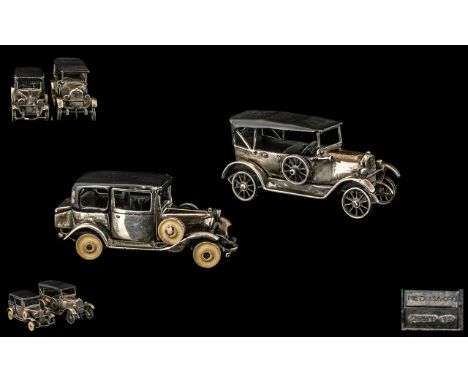 A Pair of Finely Detailed Sterling Silver Miniature Scale Model Classic Cars ( 2 ) with Moving Parts, Doors, Wheels, Open and