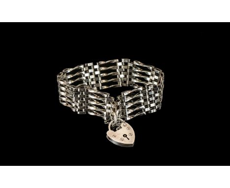 Silver Hallmarked Gate Bracelet, with Heart Lock and Safety Chain. 8 Inches In length. Please See Image. 