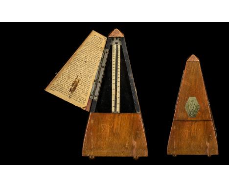 Swiss Made Wooden Metronome raised on four ball feet.  Antique Vintage Wood Mechanical Metronome Tempo Music Timer Classical.