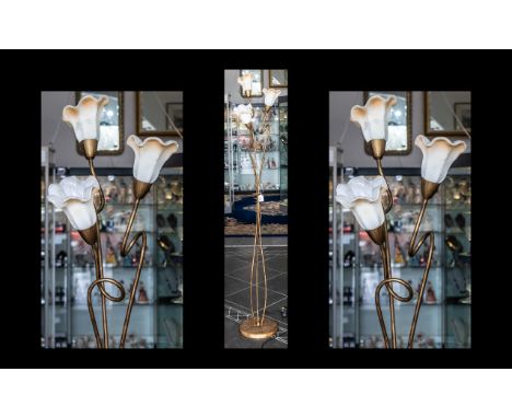 A Modern Three Branch Floor Standing Light in bronzed effect finish with petal shaped frosted shades. Height 71 inches.