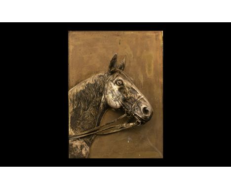 Antique Silver Plated Wall Plaque Depicting a Horses Head with Reigns In Its Mouth, Finely Detailed. Signed with Monogram D.P