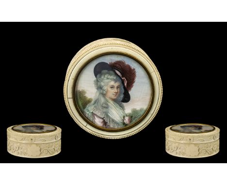 French Mid 19th Century Large and Impressive Top Quality Carved Ivory Round Shaped and Ornate Lidded Box with Hand Painted an