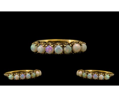 Antique 9ct Gold Opal Ring, Set with 7 Set Opals, Ring Size - R. Please See Image. 