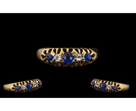 Antique Period Attractive 18ct Gold Sapphire and Diamond Set Ring, Gypsy Setting. Marked 18ct. Sapphires and Diamonds of Good