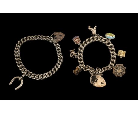 A Silver Curb Bracelet Loaded with Seven ( 7 ) Silver Charms, Features Archer, Spiders Web, Bible, Roller Skates, Church etc.