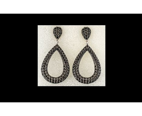 Black Spinel Pear Drop Loop Earrings, pear drop open loops, pave set with round cut black spinels, suspended from inverted pe