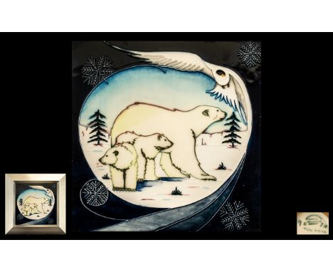 Moorcroft Trial Piece - Dated 2-2-06 Tile Tube lined Plaque - Subject ' Polar Bears with Young ' Size 8 x 8 Inches, Monogramm