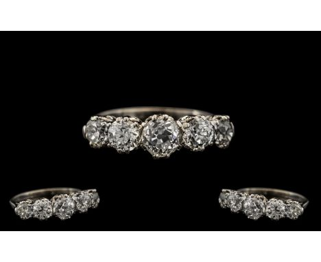 Platinum Set - Superb Quality and Attractive 5 Stone Diamond Ring From the 1920's. The Semi-Cushion Cut Diamonds of White Col