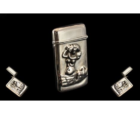 Vintage Sterling Silver Hinged Vesta Case, with Embossed Figure of a Mermaid to Front Cover. Marked 925 and Full Hallmark. 2.