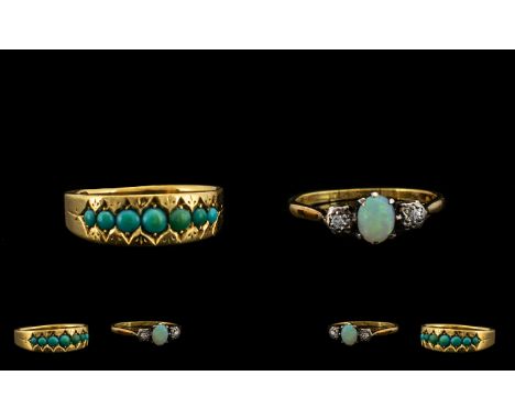 Two 18ct Gold Antique Rings Opal &amp; Diamond Marked 18ct &amp; Pt, Ring Size K Together With A Graduated Turquoise Ring, Fu