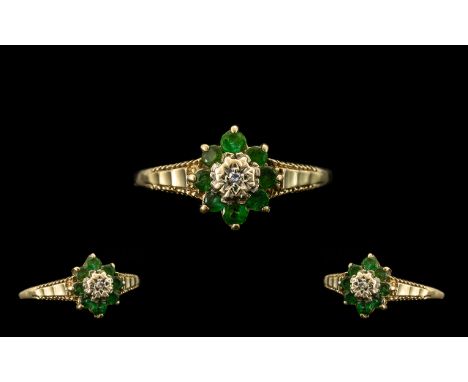 9ct Emerald and Diamond Ring, Illusion Setting. Ring Size - T. Please See Image. 