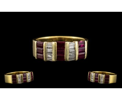 Contemporary Designed 18ct Gold - Attractive Ruby and Diamond Set Dress Ring, Marked 18ct. The Rubies and Diamonds are Baguet