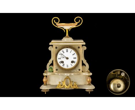 French Alabaster Mantel Clock White Enamelled Dial Roman Numerals, Gilt Mounts, Urn Shaped Finial, 8 Day Movement Striking On