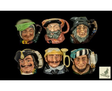 A Collection of Royal Doulton Vintage Character Jugs comprising Sairey Gamp  05451, Motorist D6633, Falstaff D6287, Capt Morg