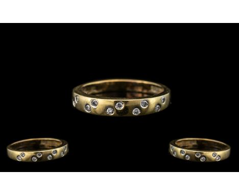 9ct Gold and Diamond Ladies Band - Set with 10 Small Diamonds Ring. Ring Size - R. Please See Image. 