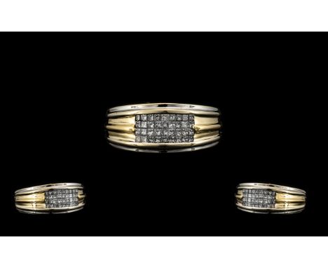 Unisex 18ct Gold - Superb Quality Two Tone Gold Diamond Set Dress Ring of Contemporary Design. Set with 36 Princes Cut Diamon