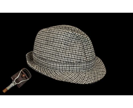 Gentleman's Harrods Trilby Wool Hat size 7 1/8 in brown check, along with a Harrods of London shooting stick with brown leath