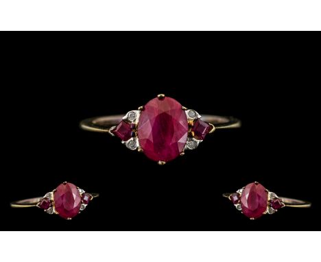 9ct Ruby Coloured and Diamond Antique Ladies Ring. Ring Size - P. Please See Image. 