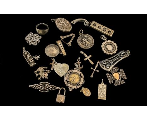 Collection Of Silver Jewellery To Include Fobs, Pendants, Brooches, Rings etc. Gross Weight 137 grams