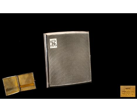 Art Deco Silver Cigarette Case Slightly Concave Square Form With Engine Turned Front And Back, Gilt Interior, Fully Hallmarke