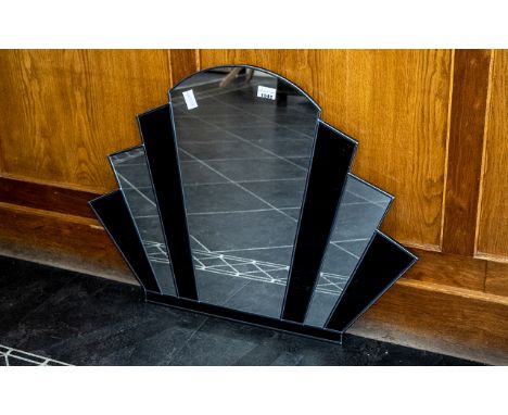Art Deco Style Fan Shaped Mirror.  Vintage style mirror in Art Deco fan shape with inserts of black glass and mirror.  Measur