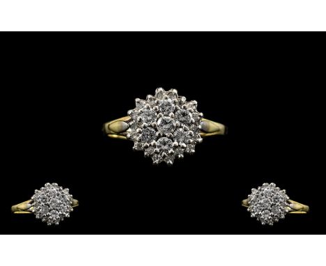 18ct Gold Good Quality Diamond Set Cluster Ring Flowerhead Design. Full hallmark for 750 - 18ct.  The round brilliant cut dia