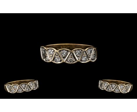 9ct Gold Diamond Dress Ring Set With 10 Round Cut Diamonds, Fully Hallmarked, Ring Size O, Weight 3.4 grams