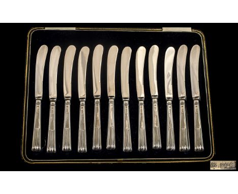 Set Of 12 Art Deco Silver Handled Butter Knives Hallmarked For Cooper Brothers &amp; Sons, Sheffield c 1920, Silk &amp; Velve