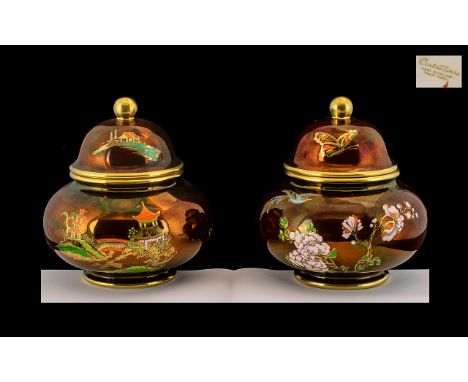 Carlton Ware Hand Painted Enamels Pair of Fine Quality Lidded Jars. c.1950, One In The ' Mikado ' Pattern. The Other Decorate