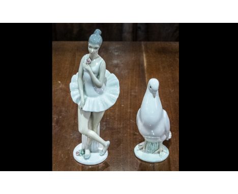 Nao by Lladro Large Dove Porcelain Figure. Together with a Ballerina Figure. Both in the style of Lladro. Both in excellent c