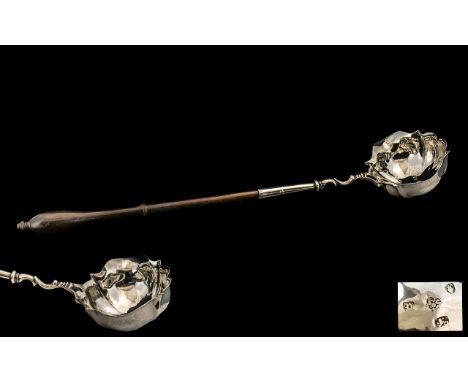 George II Silver Toddy Ladle Shaped Scalloped Bowl, Turned Wooden Handle, Length 13 Inches, Fully Hallmarked, London B 1757, 