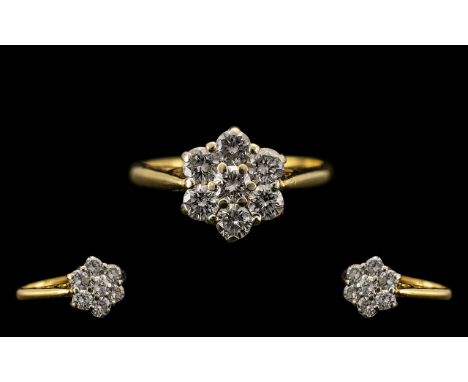 18ct Gold Diamond Cluster Ring Seven Round Modern Brilliant Cut Diamonds In A flower Head Setting, Estimated Diamond Weight 1