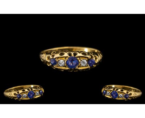 Antique Period - Attractive Sapphire and Diamond Set Ring. Marked 18ct. Ring Size - N. All Aspects of Condition Is Excellent.