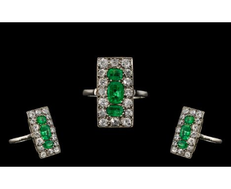 Edwardian Period Attractive and Stunning Platinum Emerald and Diamond Set - Rectangular Shaped Dress Ring, Marked Platinum to