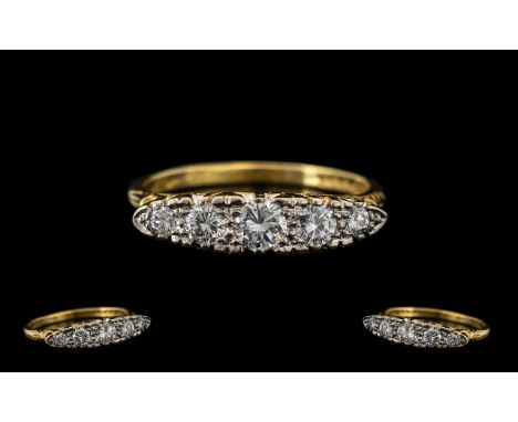 18ct Yellow Gold - Attractive 5 Stone Diamond Set Ring, Gallery Setting. Fully Hallmarked for Birmingham 1965. The 5 Round Br