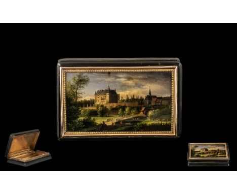 19thC Horn And 16ct Gold Snuff Box The Hinged Lid With Painted Miniature Depicting A Landscape With Chateau, Figures And Furt