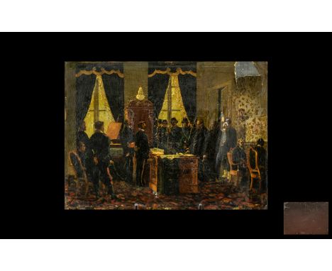 Antique Painted Print Laid on a Tin Panel depicting soldiers, dignitaries and politicians, in a room setting, signing a treat