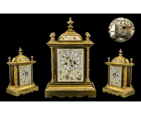Japy Freres &amp; Cie 19thC French Lacquered Brass Mantel Clock, Of Architectural Form, The Arched Surmount With Turned Finia