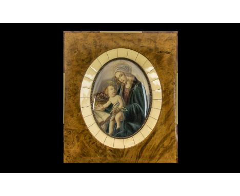 Mid 20thC Portrait Miniature Hand Painted Depiction Of The Madonna And Child, Indistinct Signature 4.5 x 3.5 Inches, Housed I