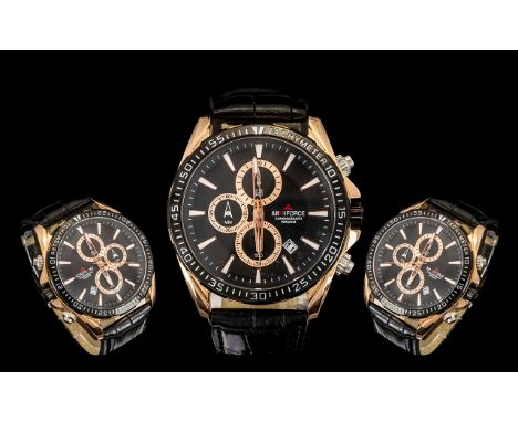 An Armiforce Chronograph Wr3atm Wrist Watch - Genuine Leather Strap. Stainless Steel Back. Please See Accompanying Image.