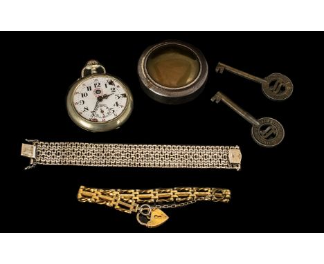 Small Mixed Lot To Include A Silver Bracelet, Gold Plated Gate Bracelet, Open Face Pocket Watch, Dial Marked Rosskopf &amp; C