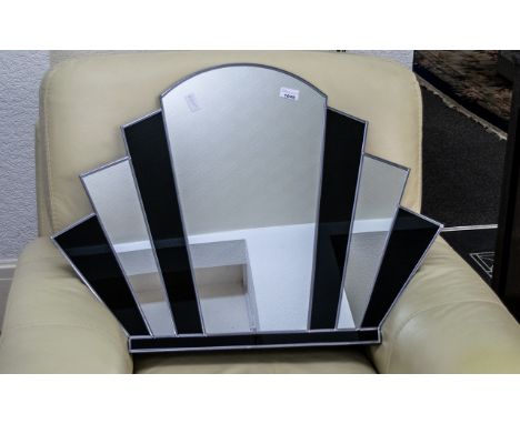Art Deco Style Fan Shaped Mirror.  Vintage style mirror in Art Deco fan shape with inserts of black glass and mirror.  Measur