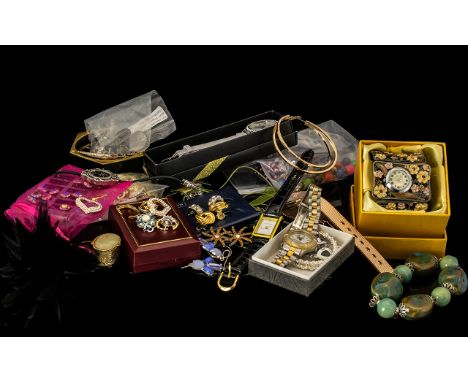 Collection of Costume Jewellery housed in a large decorative lilac box, comprising: crystal bracelet in the form of a leopard