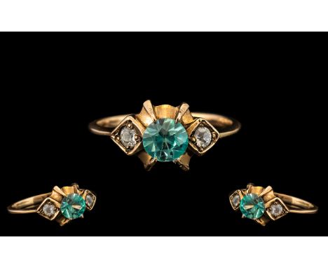 An Antique 9ct Gold Aqua Marine and Diamond Ladies Ring, Lovely Style. Ring Size - N. Please See Image. 